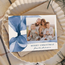 Elegant Blauwe Waterverf Bow 2 Foto Feestdagenkaart