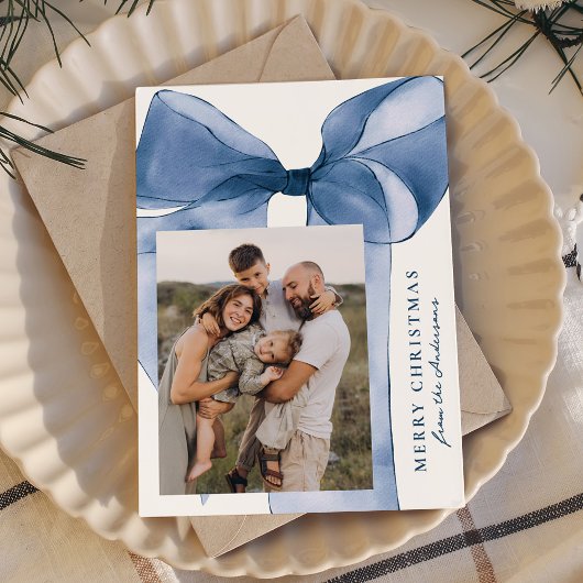 Elegant Blauwe Waterverf Bow 3 Foto Feestdagenkaart