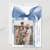 Elegant Blauwe Waterverf Bow 3 Foto Feestdagenkaart (Voorkant)