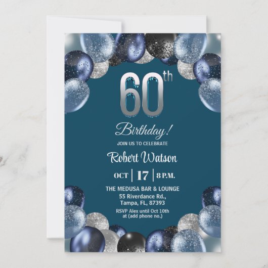 Elegant Blauwe Zilveren Glitter 60e Verjaardagsfee Kaart (Voorkant)