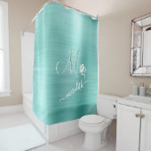 Elegant Blauwgroen Aangepast monogram Naam Bloem Douchegordijn (In situ)