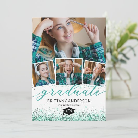 Elegant Blauwgroen Afstuderen 4 Fotouitnodiging Kaart (Staand voorkant)