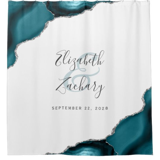 Elegant Blauwgroen Agaat Zilver Pas getrouwd Namen Douchegordijn (Voorkant)