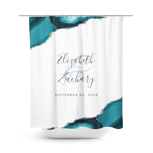 Elegant Blauwgroen Agaat Zilver Pas getrouwd Namen Douchegordijn