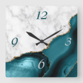 Elegant Blauwgroen Agate Gold Glitter Marble Vierkante Klok (Voorkant)