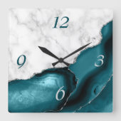 Elegant Blauwgroen Agate Silver Glitter Marble Vierkante Klok (Voorkant)