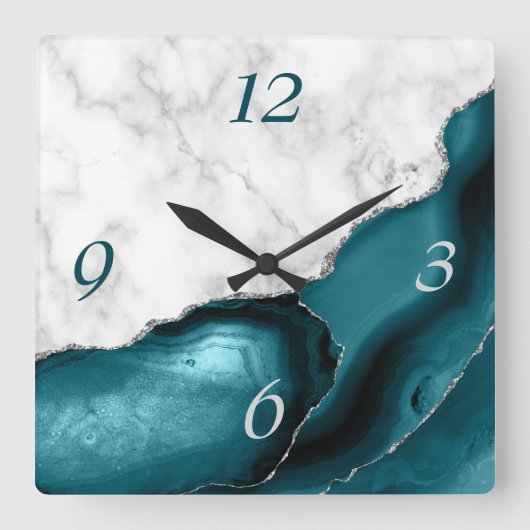 Elegant Blauwgroen Agate Silver Glitter Marble Vierkante Klok (Voorkant)