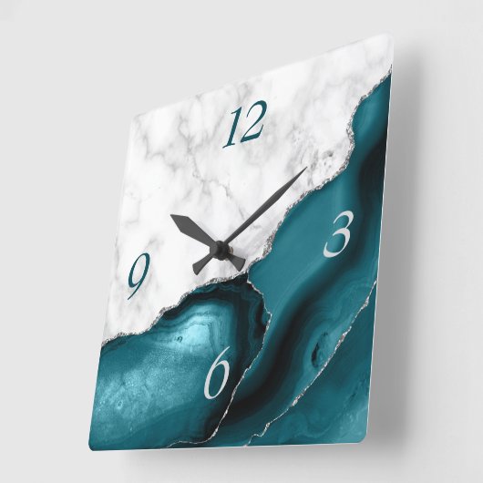 Elegant Blauwgroen Agate Silver Glitter Marble Vierkante Klok (Hoek)