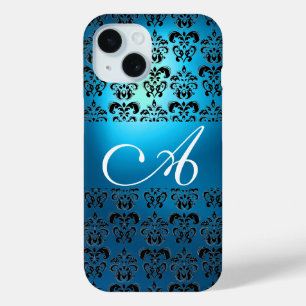 ELEGANT BLAUWGROEN AQUA BLUE BLACK DAMASKMONOGRAM iPhone 15 CASE