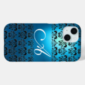 ELEGANT BLAUWGROEN AQUA BLUE BLACK DAMASKMONOGRAM Case-Mate iPhone CASE (Achterkant (horizontaal))