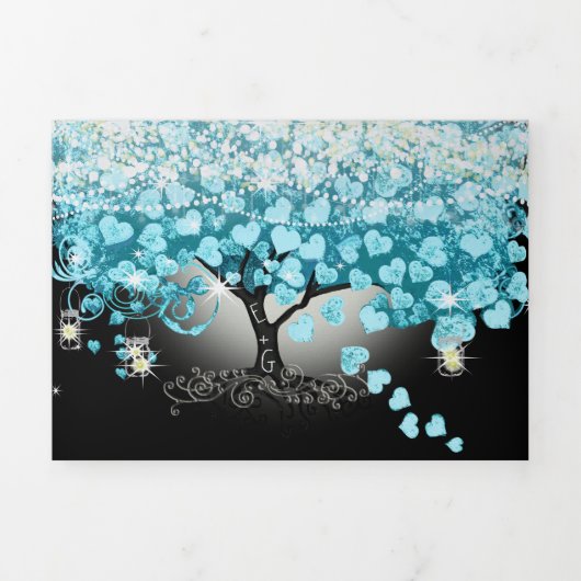 Elegant Blauwgroen Aqua Heart Leaf Tree Wedding Drieluik Uitnodiging (Cover)