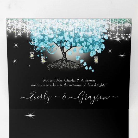 Elegant Blauwgroen Aqua Heart Leaf Tree Wedding Drieluik Uitnodiging (Binnenzijde eerst)