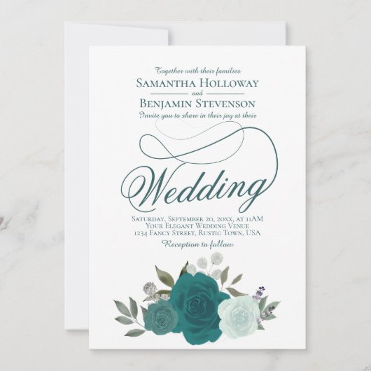 Elegant Blauwgroen & Aqua Rozen Bloemen QR Code Br Kaart (Voorkant)