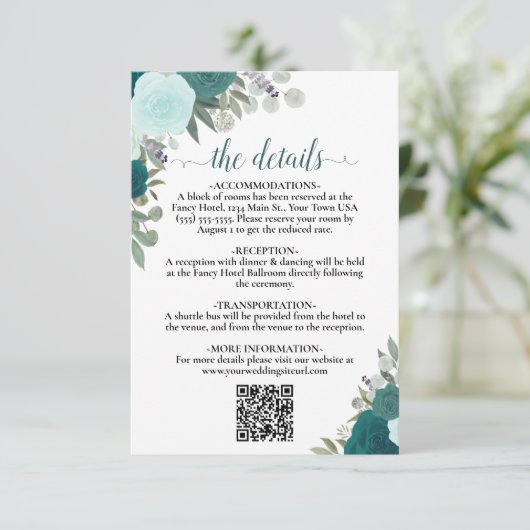 Elegant Blauwgroen & Aqua Rozen Trouwdetails QR Co Informatiekaartje (Staand voorkant)