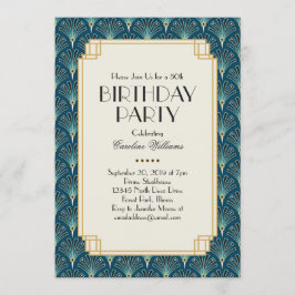 Elegant Blauwgroen Art Deco Birthday Party Kaart