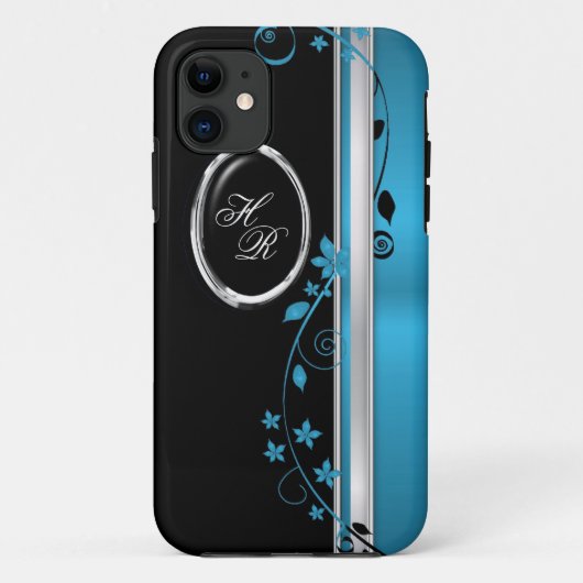 Elegant Blauwgroen & Black Floral Monogram iPhone  Case-Mate iPhone Case (Achterkant)