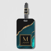 Elegant Blauwgroen Black Gold Monogram Initiaal Na Bagagelabel (Voorkant (verticaal))