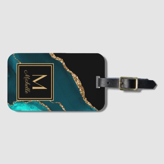Elegant Blauwgroen Black Gold Monogram Initiaal Na Bagagelabel (Voorkant (horizontaal))