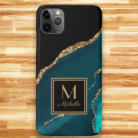 Elegant Blauwgroen Black Gold Monogram Initiaal Na Case-Mate iPhone Case