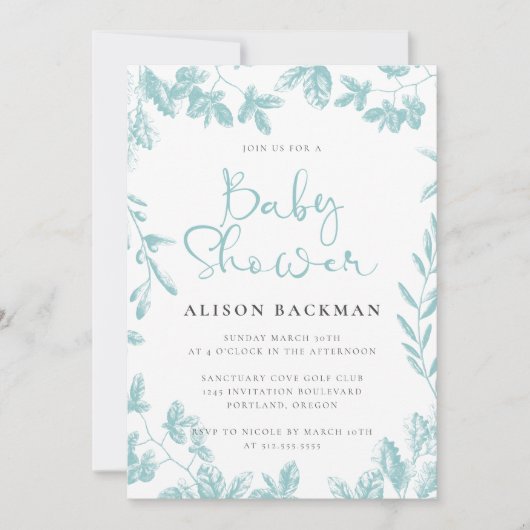 Elegant Blauwgroen blauw botanisch Baby shower Kaart (Voorkant)