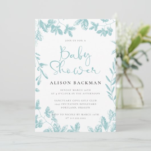 Elegant Blauwgroen blauw botanisch Baby shower Kaart (Staand voorkant)