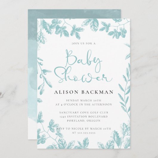 Elegant Blauwgroen blauw botanisch Baby shower Kaart (Voorkant / Achterkant)