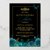 Elegant Blauwgroen Blauw Boterfly Quinceanera Folie Uitnodiging (Voorkant)