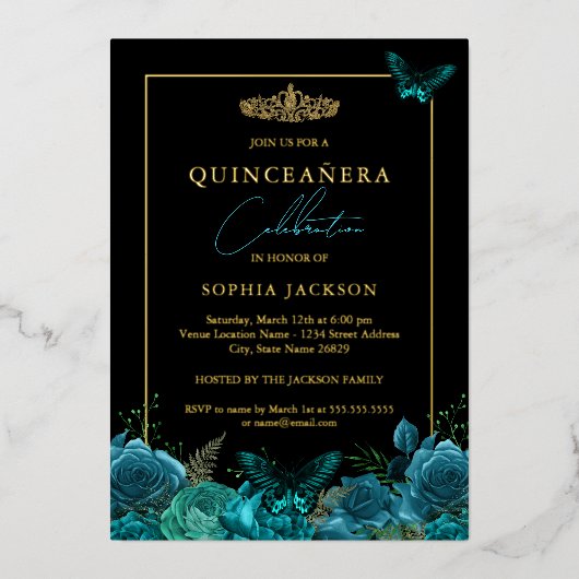 Elegant Blauwgroen Blauw Boterfly Quinceanera Folie Uitnodiging (Voorkant)