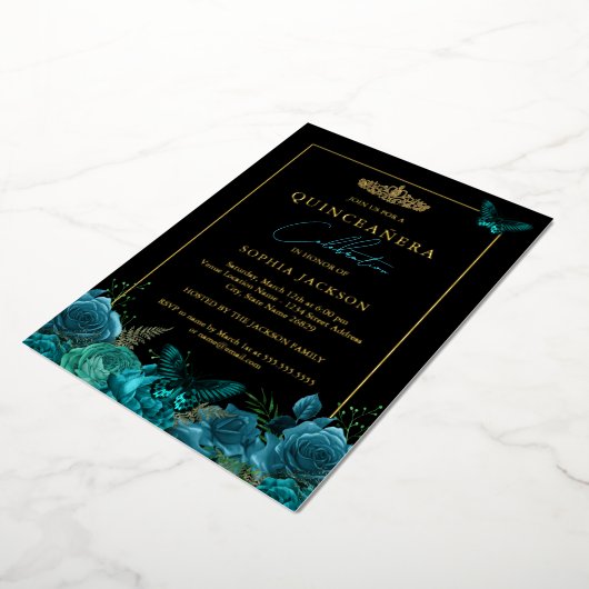 Elegant Blauwgroen Blauw Boterfly Quinceanera Folie Uitnodiging (Gedraaid)