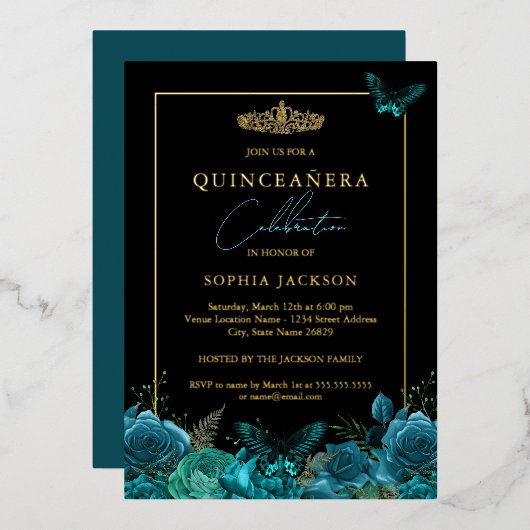 Elegant Blauwgroen Blauw Boterfly Quinceanera Folie Uitnodiging (Voorkant / Achterkant)