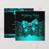 Elegant Blauwgroen Blauw Bow Black Lace Party 3 Kaart (Voorkant / Achterkant)