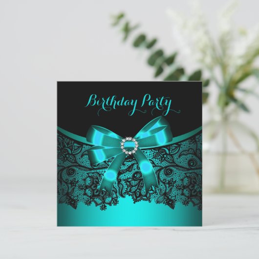 Elegant Blauwgroen Blauw Bow Black Lace Party 3 Kaart (Staand voorkant)