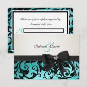 Elegant Blauwgroen blauw Damasje met diamant RSVP (Voorkant / Achterkant)