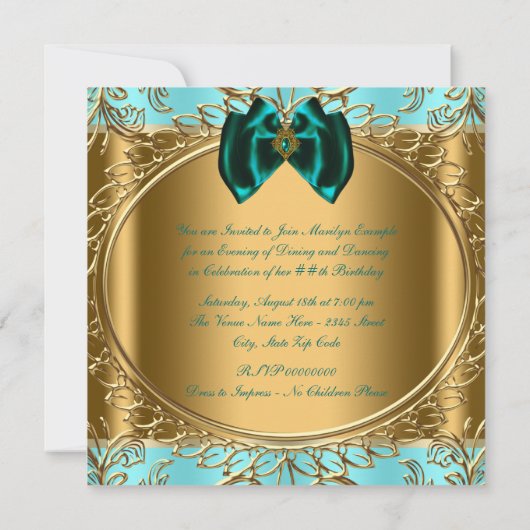 Elegant Blauwgroen blauw en gouden verjaardagsfees Kaart (Achterkant)