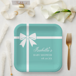 Elegant Blauwgroen blauw en wit lint boog Baby sho Papieren Bordje