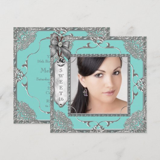 Elegant Blauwgroen Blauw en Zilver Sweet 16 Party Kaart (Voorkant / Achterkant)