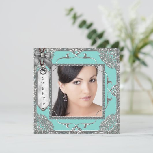 Elegant Blauwgroen Blauw en Zilver Sweet 16 Party Kaart (Staand voorkant)