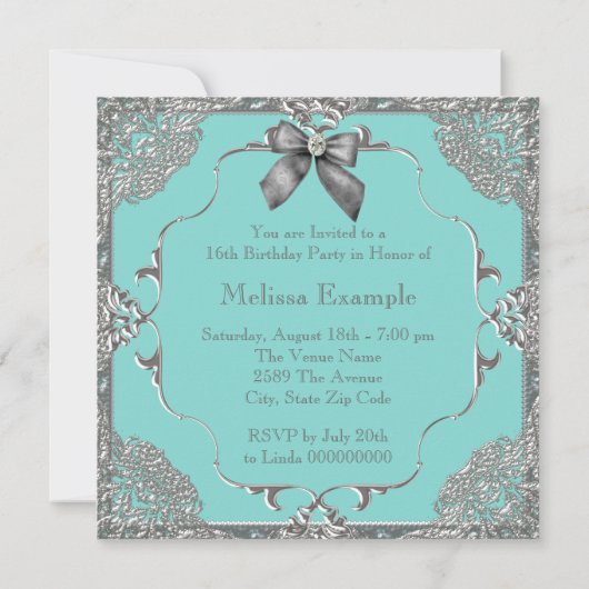 Elegant Blauwgroen Blauw en Zilver Sweet 16 Party Kaart (Achterkant)