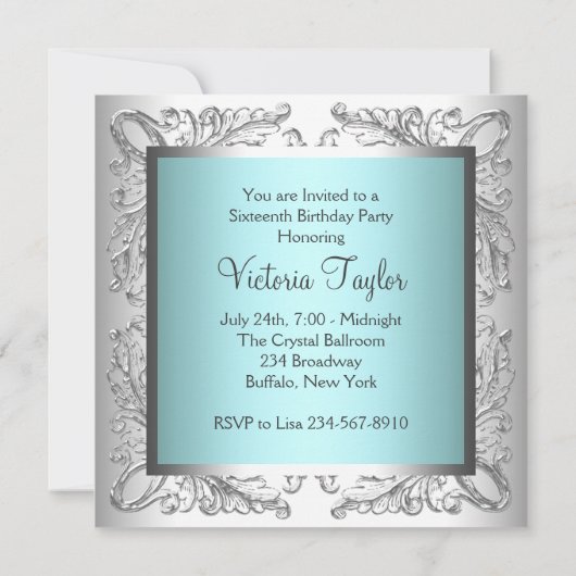 Elegant Blauwgroen Blauw en Zilver Verjaardagsfees Kaart (Achterkant)
