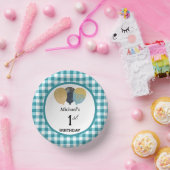 Elegant Blauwgroen Blauw Gingham & Ballonnen 1e Ve Papieren Kommen (Feest)