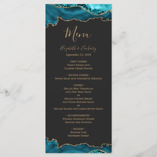 Elegant Blauwgroen Blauw Goud Agaat Donker Bruilof Menu (Voorkant)
