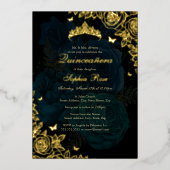 Elegant Blauwgroen Blauw Goud Roos Quinceanera Folie Uitnodiging (Voorkant)