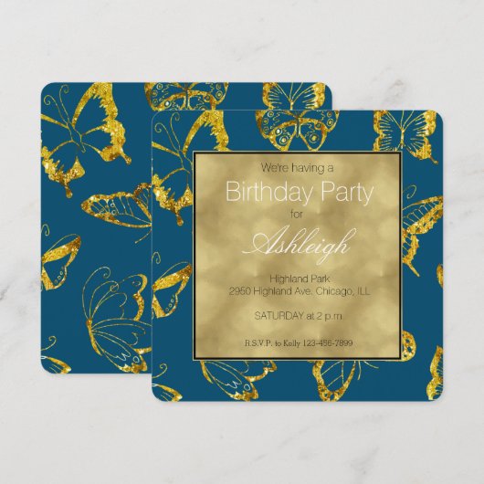 Elegant Blauwgroen Blauw Goud Vlinders Verjaardag Kaart (Voorkant / Achterkant)