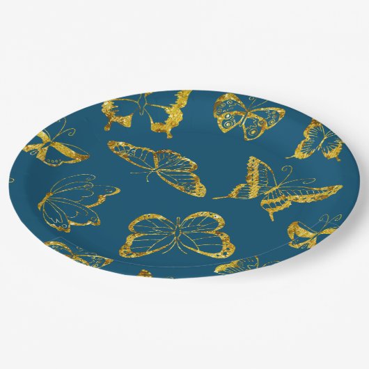 Elegant Blauwgroen Blauw Goud Vlinders Verjaardag Papieren Bordje (Gekanteld)