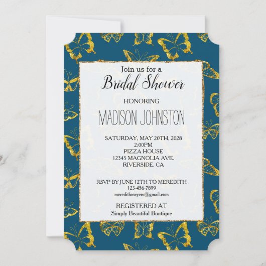 Elegant Blauwgroen Blauw Goud Vlinders Vrijgezelle Kaart (Voorkant)