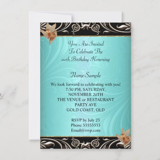 Elegant Blauwgroen blauw karamel goudfeest Kaart (Achterkant)