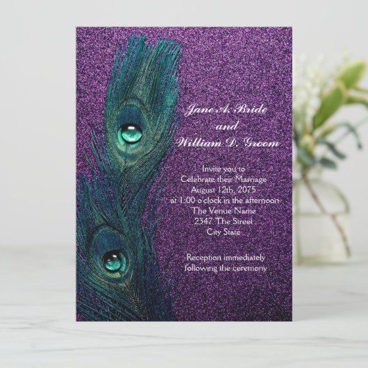 Elegant Blauwgroen Blauw Paarse Peacock Bruiloft Kaart (Staand voorkant)
