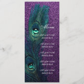 Elegant Blauwgroen Blauw Paarse Peacock Bruiloft Menu (Voorkant)
