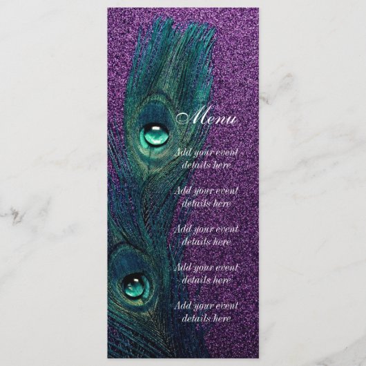 Elegant Blauwgroen Blauw Paarse Peacock Bruiloft Menu (Voorkant)
