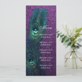 Elegant Blauwgroen Blauw Paarse Peacock Bruiloft Menu (Staand voorkant)